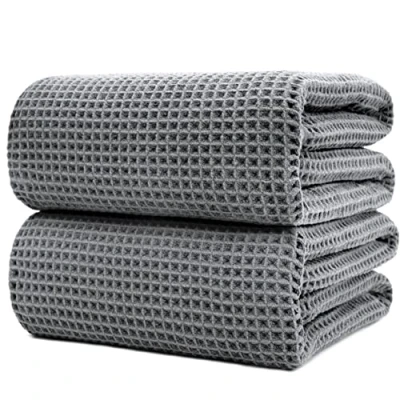 Image of POLYTE Microfibre Quick Dry Lint Free Bath Sheet, 89 x 178 cm, Set of 2 (Gray, Waffle Weave)