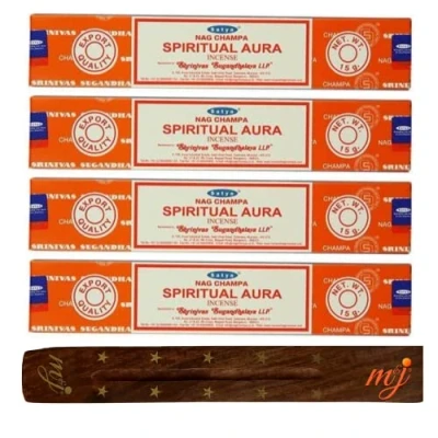 Image of Original Satya Nag Champa Spiritual Aura incense sticks with M&amp;J holder x4 pack for Aromatherapy, Spa, Yoga, Weddings, Meditation, Healing, Positivity and Relaxation