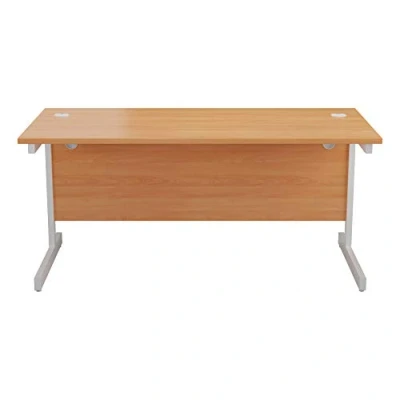Image of Office Hippo Heavy Duty Rectangular Cantilever Desk, Home Table + Integrated Cable Ports, PC Desk For or Home, 5 Yr Wty White Frame/Beech Top, 140cm x 80cm
