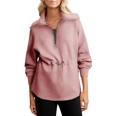 Image of BTFONIA Womens Oversized Sweatshirts Half Zip Drawstring Waist Long Sleeve Side Slits Casual Pullover Sweatshirt Tops(Pink,M)