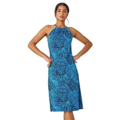 Image of Roman Women Halterneck Maxi Dress Ladies Halter Neckline Spring Everyday Summer Holiday Sleeveless Soft Tie Waist Detail Keyhole Neck Gown Vacation Frocks Blue &amp; Black Size 18