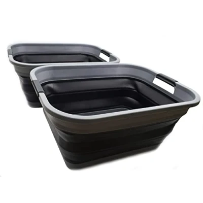 Image of SAMMART 41L Collapsible Plastic Laundry Basket Foldable Pop Up Storage Container/Organizer Space Saving Hamper/Basket, Water capacity: 32L (Grey/Black (Set of 2))