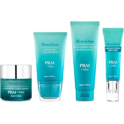 Image of PRAI MenoGlow Trio Set: Crème Gel Moisturiser (50ml) + Hot Flush Cool Fix Serum (60ml) Cleanser (120ml) with Free Ultra Rejuvenating Sleep Mask