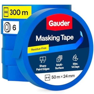 Image of GAUDER Painters Tape (24 mm x 50 m) 6x Blue Masking for Renovation Work, DIY &amp; more Painting Painting, Varnishing, Lacquering