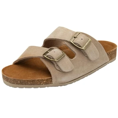 Image of Womens Summer Sandals Double Buckle Genuine Suede Soft Footbed Sliders Cork Slip On Comfort Shoes Sizes 3 8 (Stone, UK Footwear Size System, Adult, Women, Numeric, Medium, 5)