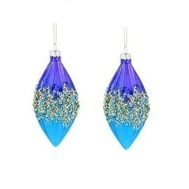 Image of Gisela Graham Purple/Turquoise Ribbed Glass Drop Baubles, Set of 2