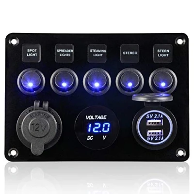 Image of Geloo 12V/24V Toggle Switch Panel, IP65 Waterproof Car Rocker Switches 4.2A Dual USB Charger Port Lighter Socket Digital Voltmeter Display for Boat RV Vehicles Blue