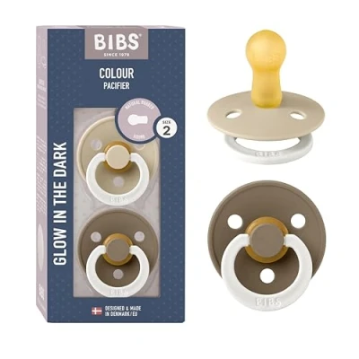 Image of BIBS Colour Glow Soother 2 Pack, in The Dark BPA Free Dummy Pacifier, Round Nipple. Natural Rubber Latex, Size (6 18 Months), Vanilla Night/Dark Oak Night