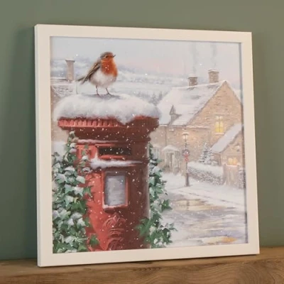 Image of Samuel ALEXANDER LED Battery Operated Fibre Optic Wall Art Canvas with a Robin and Postbox Christmas Decoration