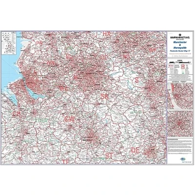 Image of Manchester and Merseyside Postcode Sector Map 17 Wall With Motorway, A&#039; Roads B&#039; City Plans Area District Sectors