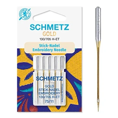 Image of Sewing Machine Needles Schmetz Gold Embroidery (Titanium Nitride), Size 75/11, 3 Packs for The Price of 2! Includes Large Needle Threader