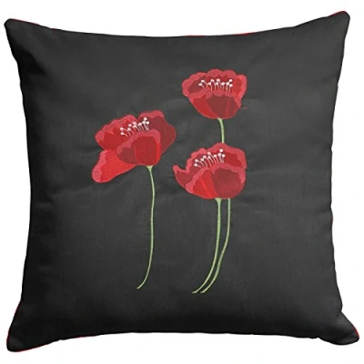 Image of Poppies Cushion Cover, Luxury Faux Silk Covers, Embroidered Floral Design (18&quot; x 18&quot;, Black)