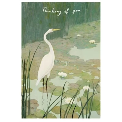 Image of Thinking of You Card White Egret and Lily Pond Artistic Design Made in the UK Eco Friendly