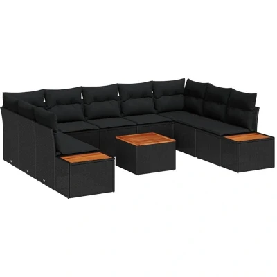 Image of vidaXL 10 Piece Garden Sofa Set with Cushions Black Poly Rattan &amp; Acacia