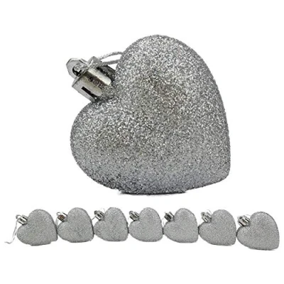 Image of Toyland® 8 x 5cm SILVER Glitter + Matt Heart Shaped Christmas Tree Baubles