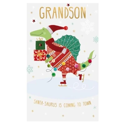Image of Grandson Santa Saurus Felt Tastic Dino Fun Hand Finished Christmas Greeting Card XFTS062