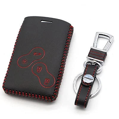 Image of Happyit Leather Car Key Cover Cases Keychain for Renault Clio Scenic Megane Duster Sandero Captur Twingo koleos 4 Buttons Remote Control (Red)