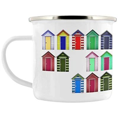 Image of Grindstore Beach Hut Collage White Enamel Mug 8cm