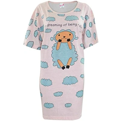Image of True Face Ladies Nightdress Night Shirt Dress Womens Nighties Nightshirt Pyjamas Cotton Lamb (Light Pink, One Size)