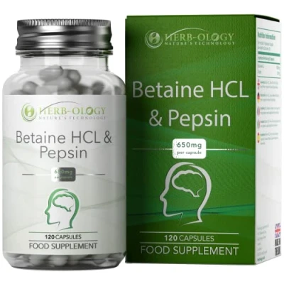 Image of HB Betaine HCL with Pepsin Capsules 120 High Strength Hydrochloride 650mg &amp; 30mg per Serving Non GMO, Gluten Allergen Free Made in The UK