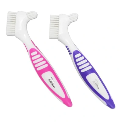 Image of 2 x Denture Brushes Rubber Grips, Easy Hold Handle, Double Bristle Head (Pink &amp; Purple, One Size)