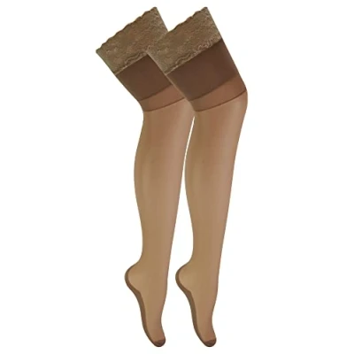 Image of Sock Snob 2 Pair Multipack Women&#039;s Seamed Stockings with Lace Top Ladies Thigh High (M, Nude/Nude)