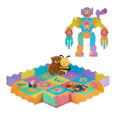 Image of Relaxdays Puzzle Mat, 16 Piece, 32 x cm Each, Rug for Babies, with Edge, Robots Design, Non Toxic Foam, Colourful