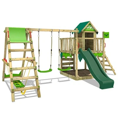 Image of FATMOOSE Wooden climbing frame JazzyJungle Jam XXL with SurfSwing, swing set &amp; green slide, Outdoor kids playhouse sandpit, ladder play accessories for the garden