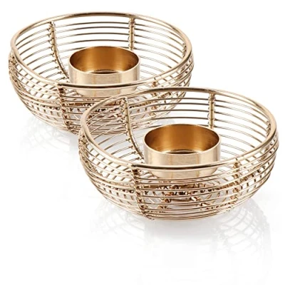 Image of com four® 2x tea light holders made of metal decorative candle holder wire lantern as room decoration home accessory basket (gold colored 2 pieces)