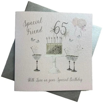 Image of Happy 65th Birthday Card Special Friend Champagne Glasses Pink Roses by White Cotton Cards SS42 SF65, 16cm x