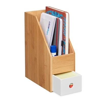 Image of Relaxdays Standing File, A4 Size Paper, Desk Organiser, Dimensions H x W D 30 12 23 cm, Bamboo, Natural/White