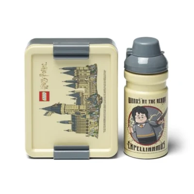 Image of Room Copenhagen Lego Lunch Set Harry Potter Hogwarts Design, 390ml Bottle &amp; Box for Kids Adults, Dishwasher Safe, Perfect Meals on The Go, Beige Grey