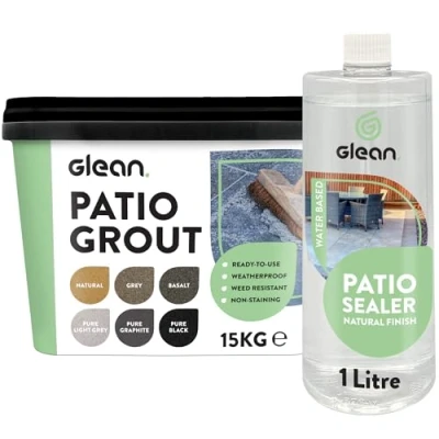 Image of GLEAN Patio Grout PURE BLACK 15kg + Sealer Natural Finish 1 Litre Jointing Compound Brush In For Paving Patios &amp; Block Water Based