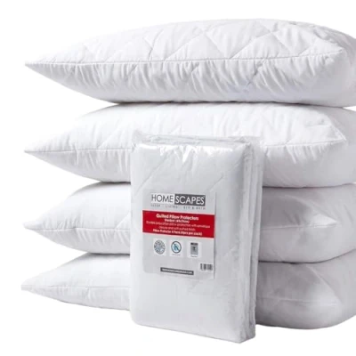 Image of HOMESCAPES Pillow Protectors 4 Pack Quilted Top Covers Super Soft Hypoallergenic and Anti Dust Mite with Diamond Quilting 48 x 74 cm