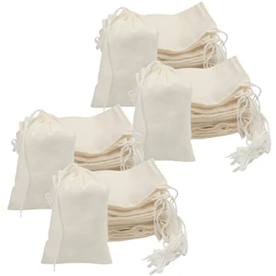Image of BELLE VOUS 100 Pack Small Natural Cotton Muslin Drawstring Produce Storage Bags 10 x 15cm/4 6 Inches Reusable, Biodegradable &amp; Eco Friendly Canvas Wedding Party Gift Bag Crafts Pouch