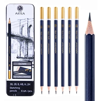 Image of Artea Sketching Pencils Set of 6 in Metal Tin Case 3B 2B B HB H 2H FSC Certified Artists for Drawing Doodling Drafting and Illustrations