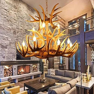 Image of Antler Chandelier Large Double Layer, Resin Deer Lighting 12 Lights, Farmhouse Light Fixtures Rustic Horn for Dining Room Living Room, Lights 15 A