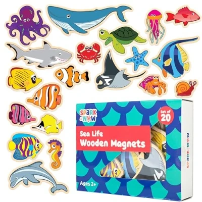 Image of SPARK &amp; WOW Wooden Magnets Sea Life Set of 20 for Kids Ages 2+ Cute Animal The Fridge, Whiteboards and More
