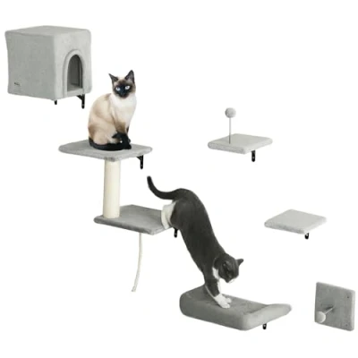 Image of PawHut Cat Wall Shelves, 6 Piece Furniture Set with Condo, Platforms, Sisal Scratching Post, Bed and Toy Ball, for Climbing, Sleeping, Playing, Grey
