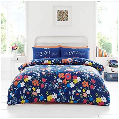Image of GC GAVENO CAVAILIA Easy Care Flower Duvet Cover, Reversible Polycotton Quilt Floral King Size Bedding Sets, Navy