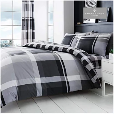 Image of Gaveno Cavailia Waverly Check Luxurious Bed Set with Duvet Cover and Pillow Cases, Polyester Cotton, King Grey