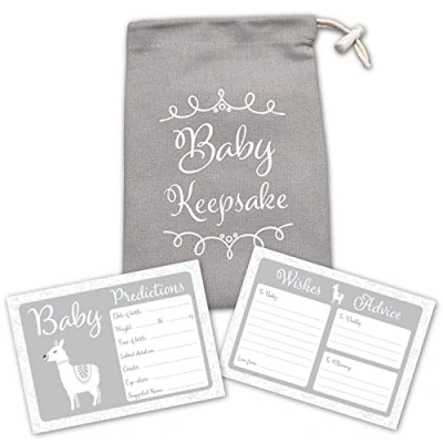Image of Baby Shower Game 30 Prediction/Advice/Wishes Cards Includes Keepsake Pouch in Grey Canvas for Boy, Girl, Neutral/Unisex Party/Maternity Gift/Guestbook/Gender Reveal Party