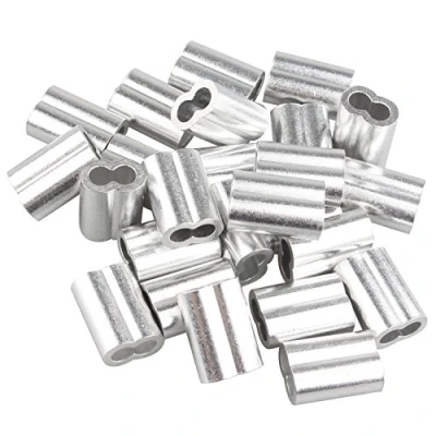 Image of Futheda 25 pcs Aluminum Crimping Loop Sleeve Clips with Double Ferrules/Holes for 5.0mm Cable Wire Rope Silver Tone