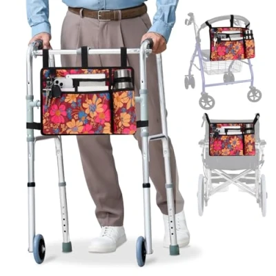Image of supregear Accessories Bag for Walker, Wheelchair, Rollator Seniors, w/Cup Holder Folding Walker Basket Large Capacity Waterproof Caddy Pouch (Floral)