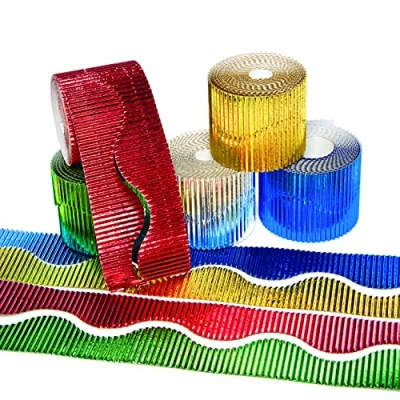 Image of Baker Ross AG109 Metallic Display Borders Pack of 5, Corrugated Colour Border for School Classroom Decorations and Bulletin Boards, Scalloped Trim