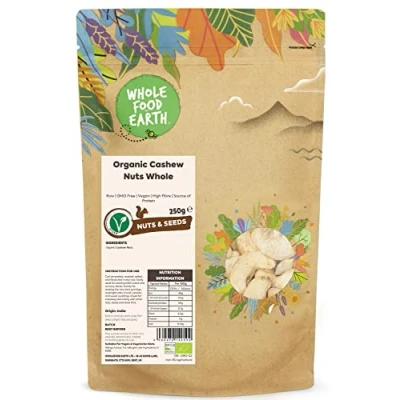 Image of Wholefood Earth Organic Cashew Nuts Whole 250g Raw GMO Free Vegan High Fibre Source of Protein Certified