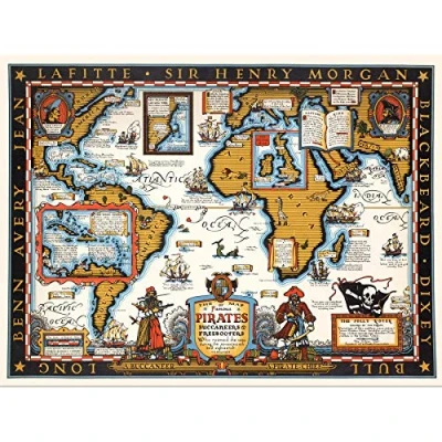 Image of Artery8 Map Harbold 1938 Famous Pirates World Pictorial Large Wall Art Poster Print Thick Paper 18X24 Inch