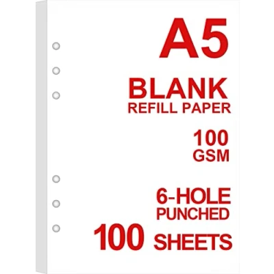 Image of A5 Blank Paper, Refills for Filofax Planner/Binders/Organizer, 6 Hole Punched, 100 Sheets/200 Pages Filler 100gsm, White, 5.8&#039;&#039; x 8.2&#039;&#039;