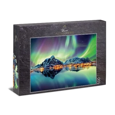 Image of Ulmer Puzzleschmiede Puzzle &quot;Light Dance of the North&quot; Classic 500 Piece Norwegian Motif with Northern Lights in Night Sky Over Fishing Villages on Lofoten, Norway