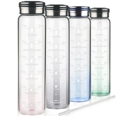 Image of Cleesmil 1 litre Glass Water Bottle with Straw &amp; Motivational Time Markings BPA Free Drinking 1l Neoprene Sleeve (Gradient Pink)